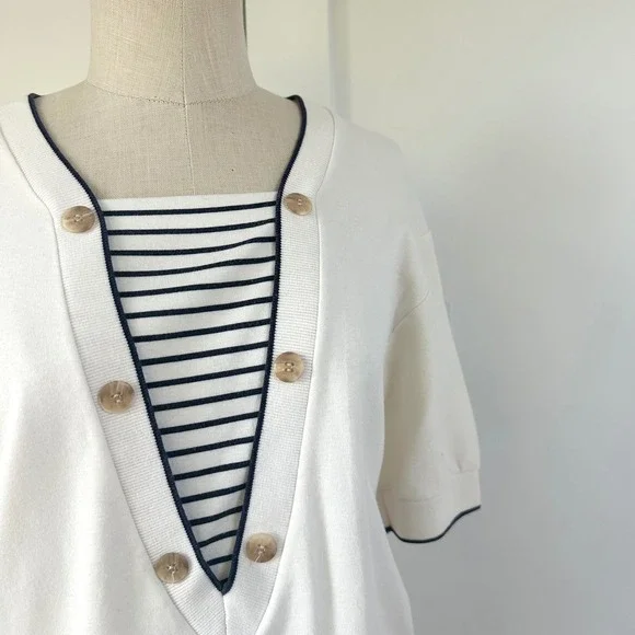Aileen Petites Vintage Striped Sailor Top XS Short Sleeve Casual Fisherman - Picture 8 of 8